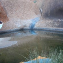 The sacred waterhole, home to many animals and plants. At the back of the pic is the red rock and at the front there's green grass visible.