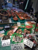 Fish and crustaceans in kanazawa market - crab and octopus and shrimp being the main offerings, with red and pink and grey colours.